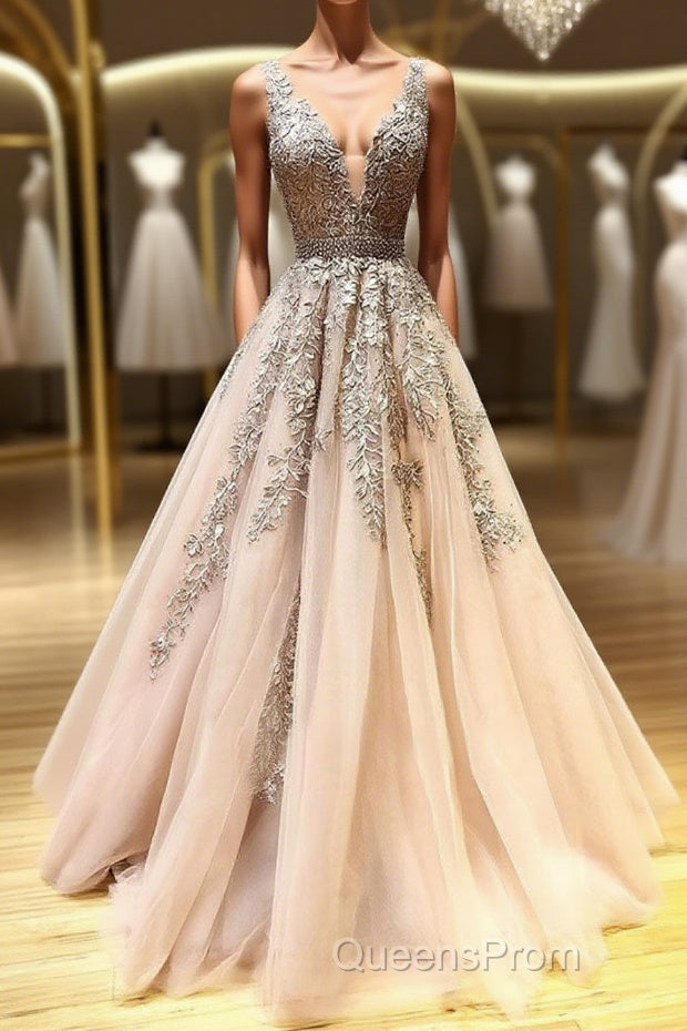 Champagne v neck tulle lace beads long Evening Prom Dress tulle formal Dress Main image