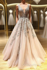Champagne v neck tulle lace beads long Evening Prom Dress tulle formal Dress