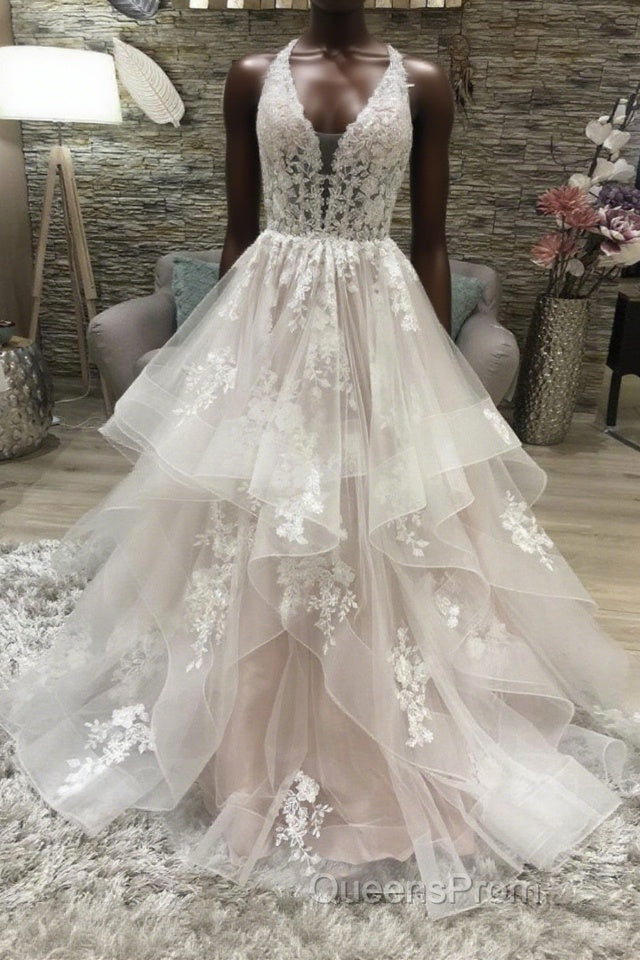Champagne v neck tulle lace long Evening Prom Dress, champagne evening Dress Main image