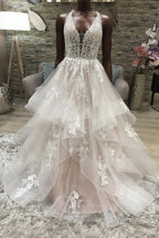 Champagne v neck tulle lace long Evening Prom Dress, champagne evening Dress