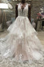 Champagne v neck tulle lace long Evening Prom Dress, champagne evening Dress