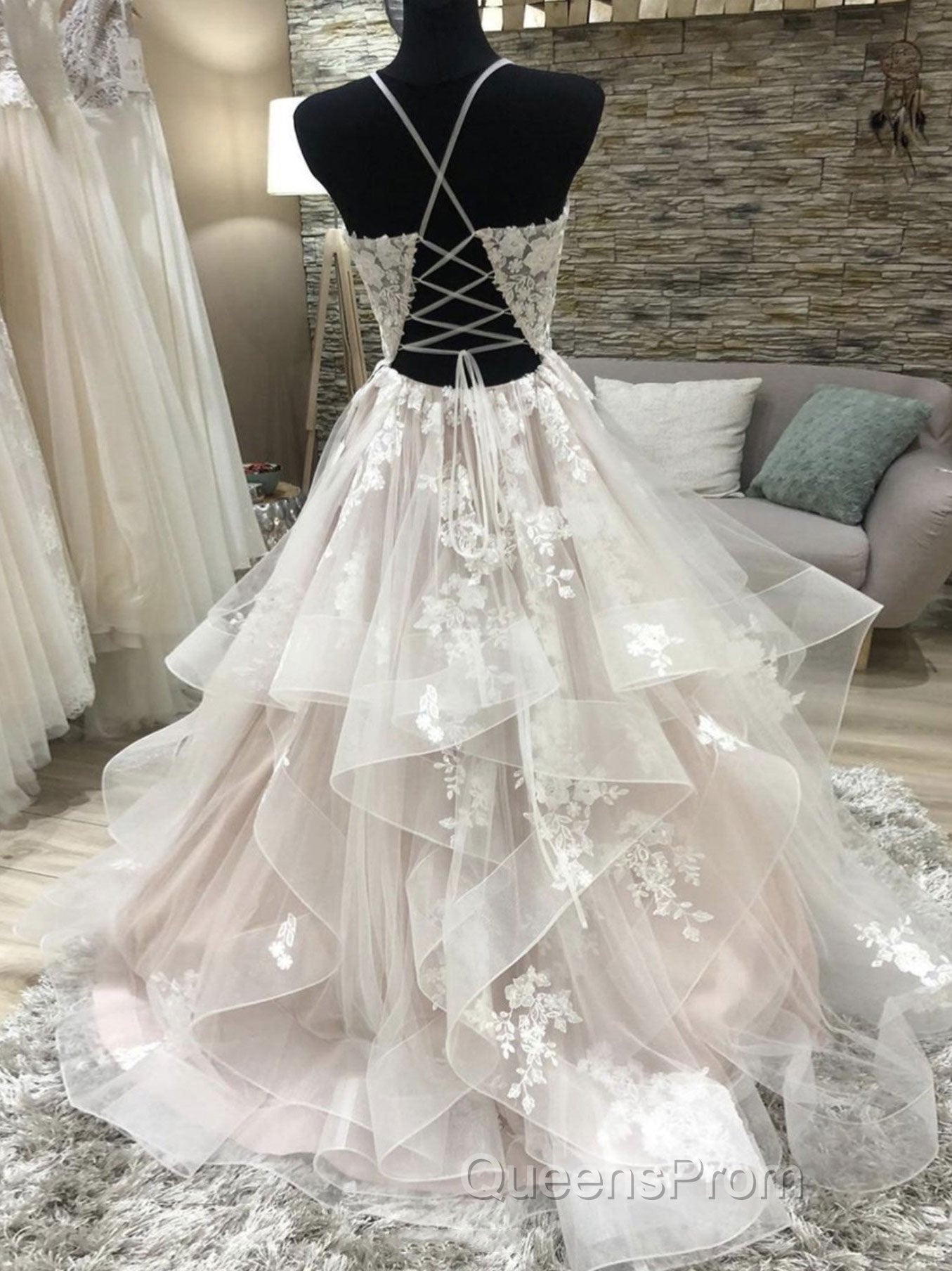 Champagne v neck tulle lace long Evening Prom Dress, champagne evening Dress Secondary image