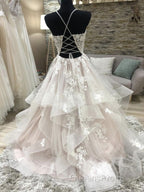 Champagne v neck tulle lace long Evening Prom Dress, champagne evening Dress