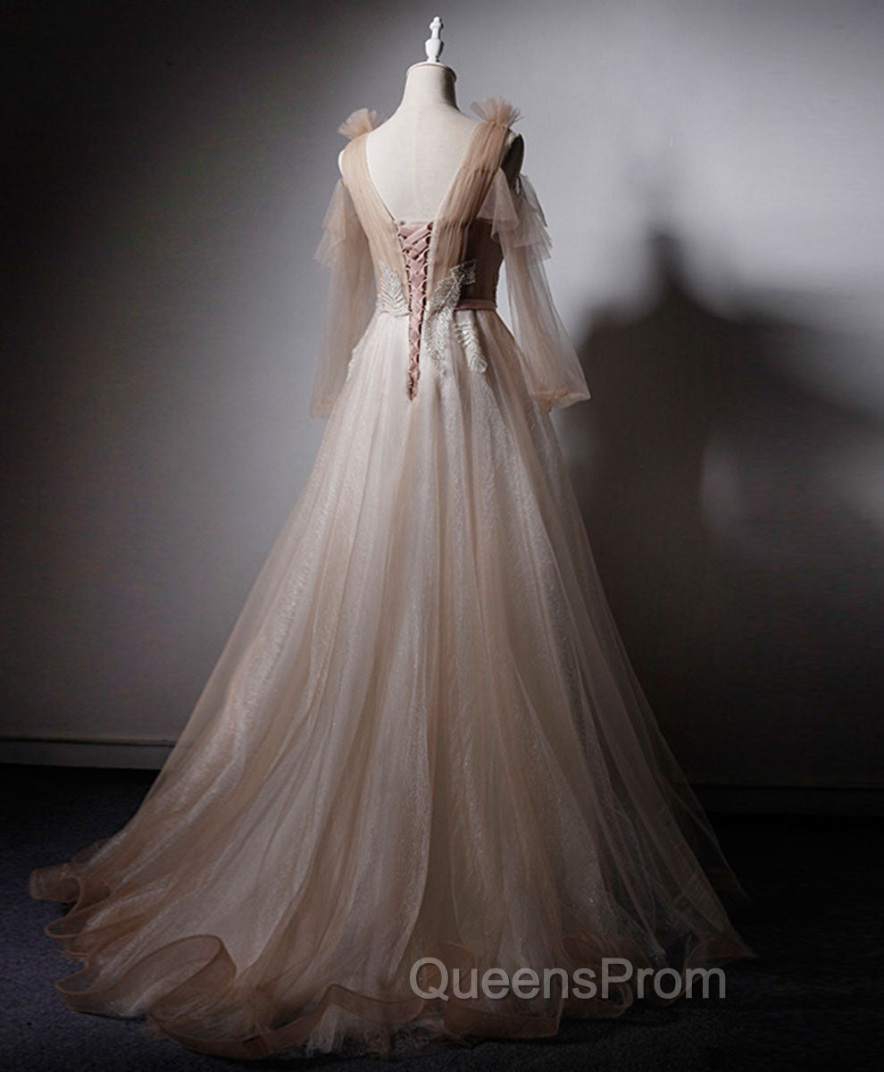 Champagne V Neck Tulle Lace Long Evening Prom Dress, Champagne Evening Dress