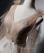 Champagne V Neck Tulle Lace Long Evening Prom Dress, Champagne Evening Dress