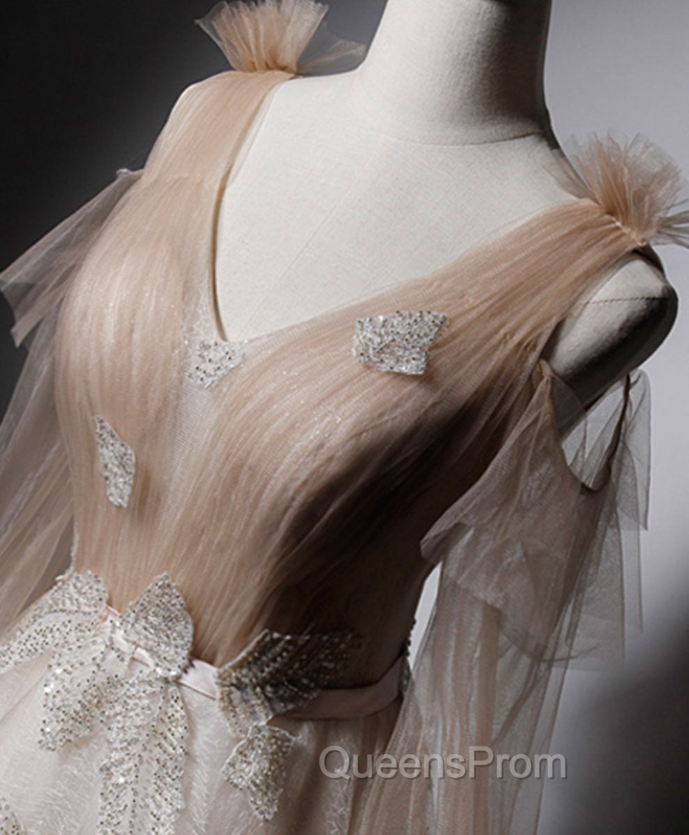 Champagne V Neck Tulle Lace Long Evening Prom Dress, Champagne Evening Dress