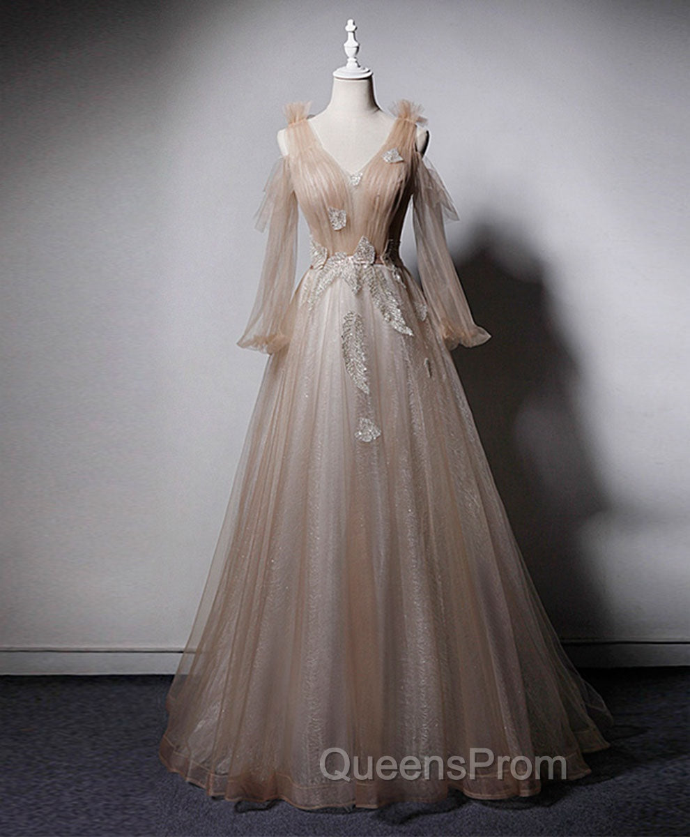Champagne V Neck Tulle Lace Long Evening Prom Dress, Champagne Evening Dress Main image