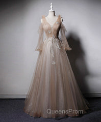 Champagne V Neck Tulle Lace Long Evening Prom Dress, Champagne Evening Dress