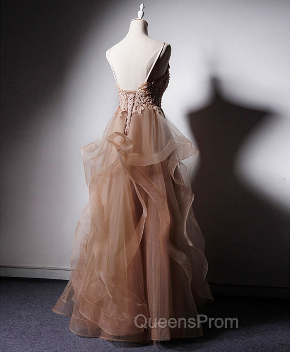 Champagne V Neck Tulle Lace Long Evening Prom Dress, Champagne Graduation Dress Secondary image