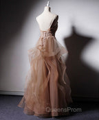 Champagne V Neck Tulle Lace Long Evening Prom Dress, Champagne Graduation Dress