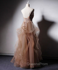Champagne V Neck Tulle Lace Long Evening Prom Dress, Champagne Graduation Dress