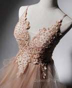 Champagne V Neck Tulle Lace Long Evening Prom Dress, Champagne Graduation Dress