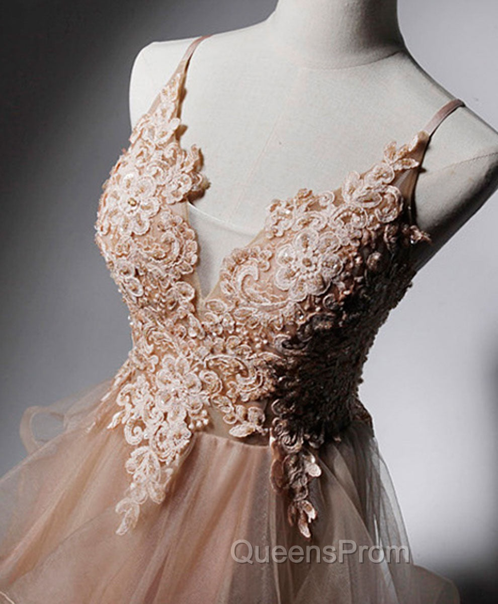 Champagne V Neck Tulle Lace Long Evening Prom Dress, Champagne Graduation Dress
