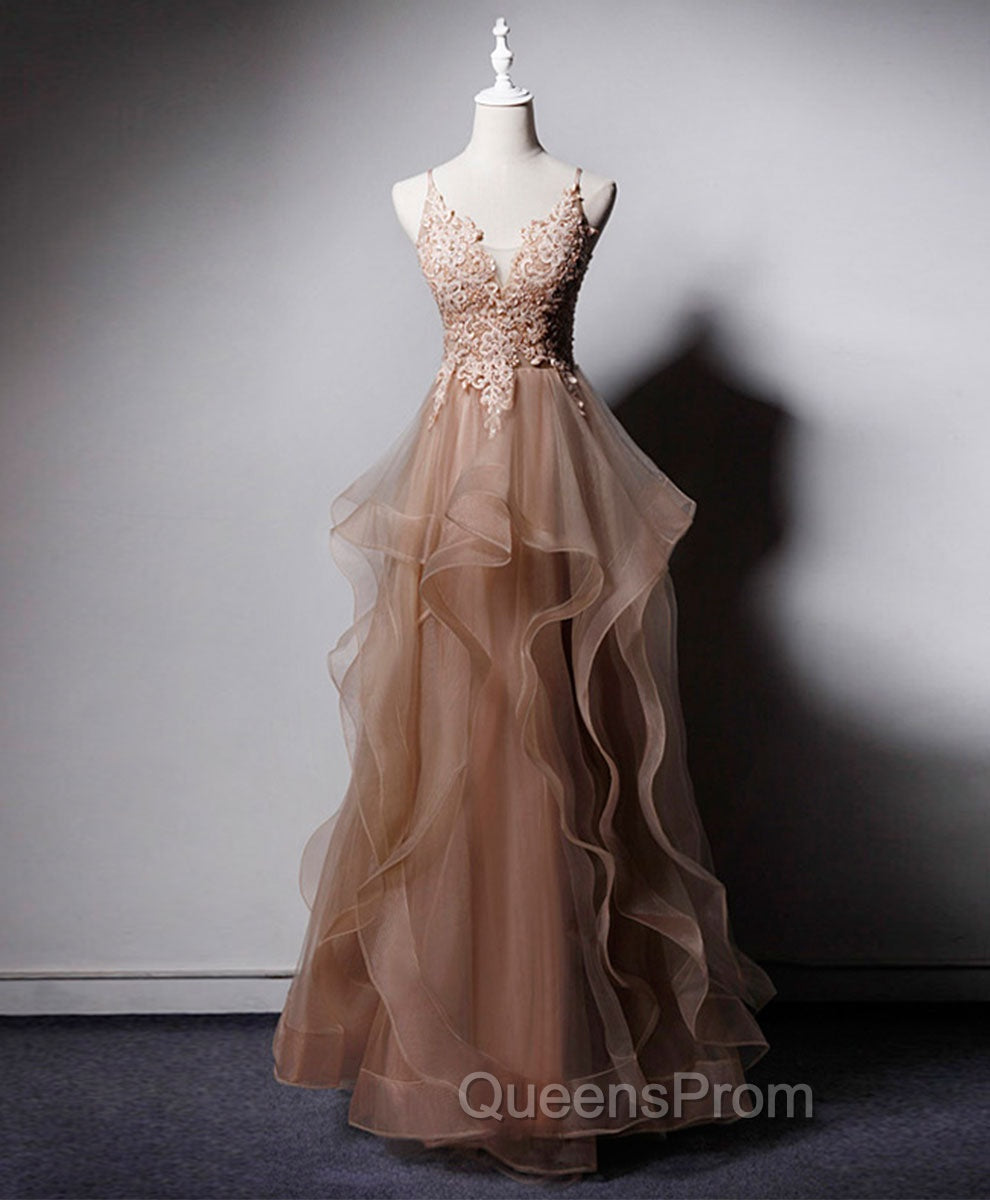 Champagne V Neck Tulle Lace Long Evening Prom Dress, Champagne Graduation Dress Main image