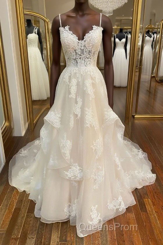 Champagne v neck tulle lace long Evening Prom Dress, champagne lace evening Dress Main image