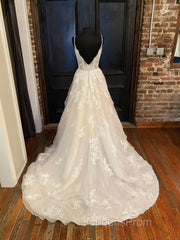 Champagne v neck tulle lace long Evening Prom Dress, champagne lace evening Dress