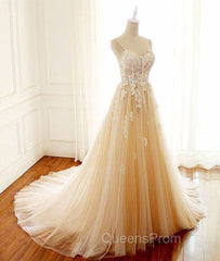 Champagne V Neck Tulle Lace Long Evening Prom Dress, Champagne Tulle Evening Dress