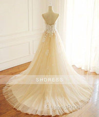 Champagne V Neck Tulle Lace Long Evening Prom Dress, Champagne Tulle Evening Dress