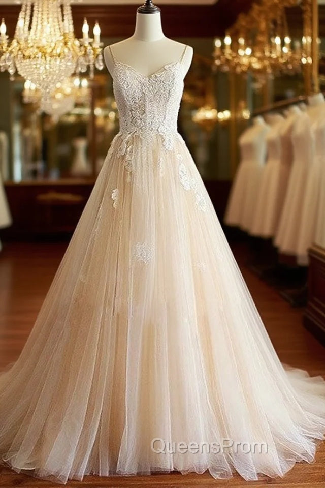 Champagne V Neck Tulle Lace Long Evening Prom Dress, Champagne Tulle Evening Dress Main image