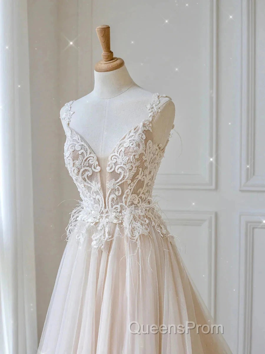 Champagne V Neck Tulle Lace Long Evening Prom Dress Evening Dress A Line Sleeveless Formal Dress Secondary image