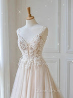 Champagne V Neck Tulle Lace Long Evening Prom Dress Evening Dress A Line Sleeveless Formal Dress