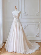 Champagne V Neck Tulle Lace Long Evening Prom Dress Evening Dress A Line Sleeveless Formal Dress