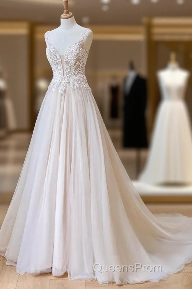 Champagne V Neck Tulle Lace Long Evening Prom Dress Evening Dress A Line Sleeveless Formal Dress Main image