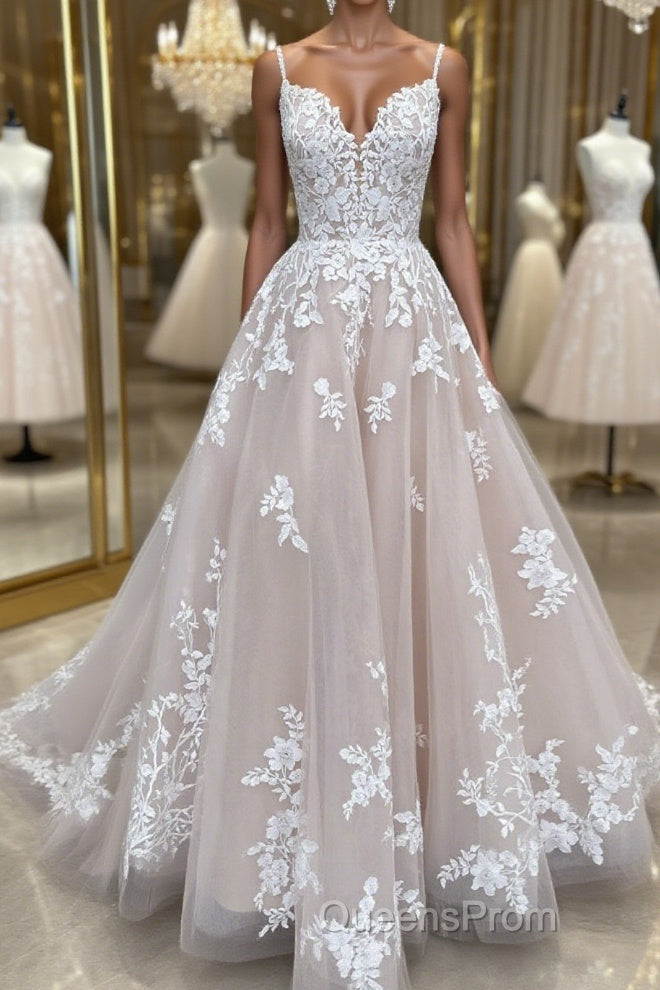 Champagne v neck tulle lace long Evening Prom Dress lace tulle formal Dress Main image