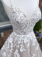 Champagne v neck tulle lace long Evening Prom Dress lace tulle formal Dress