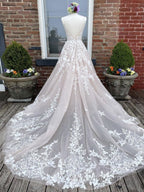 Champagne v neck tulle lace long Evening Prom Dress lace tulle formal Dress
