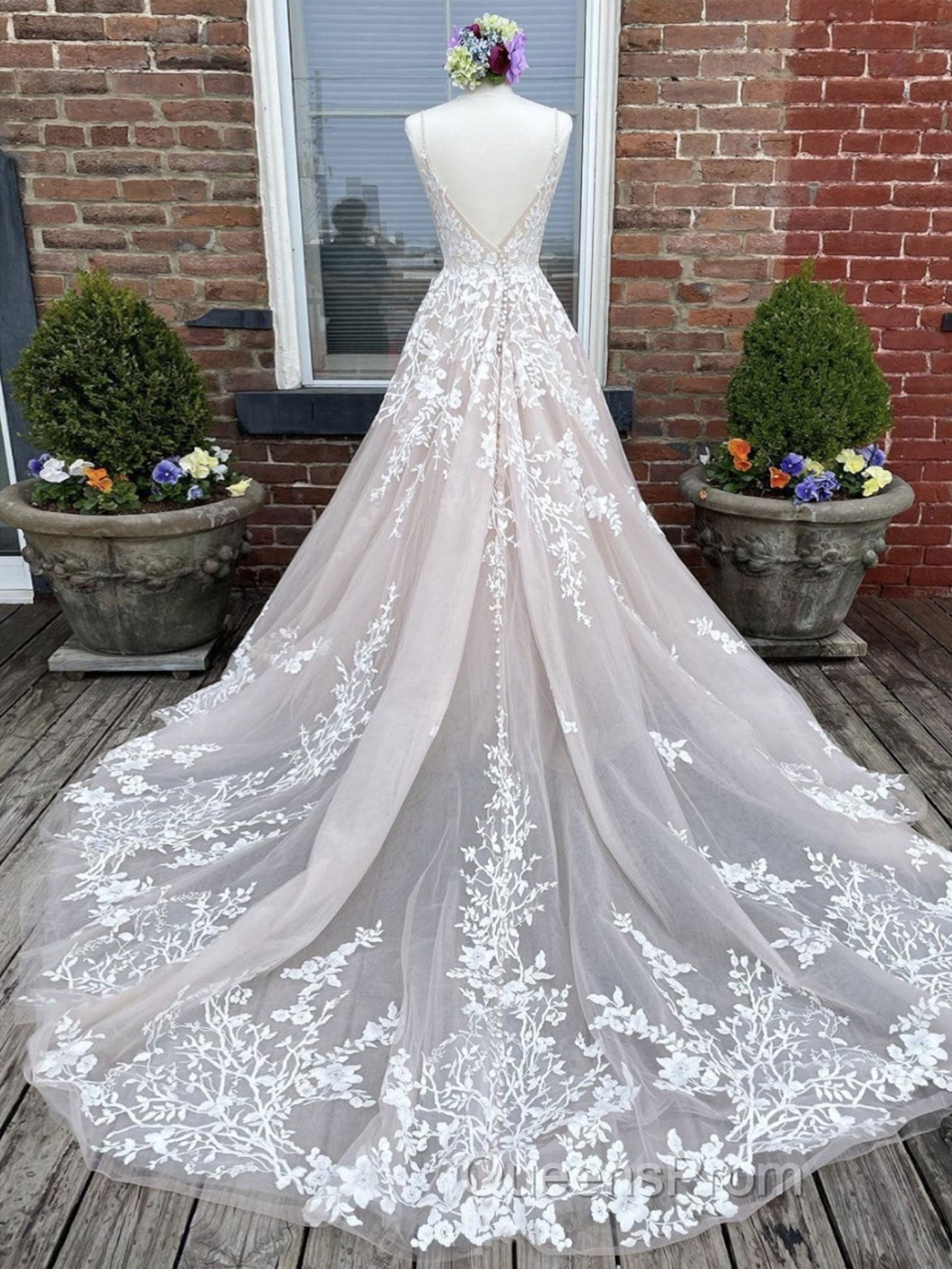 Champagne v neck tulle lace long Evening Prom Dress lace tulle formal Dress