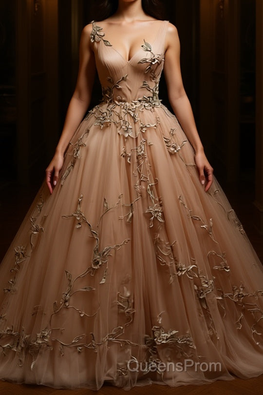 Champagne v neck tulle lace Evening Prom Dress, champagne tulle evening Dress Main image