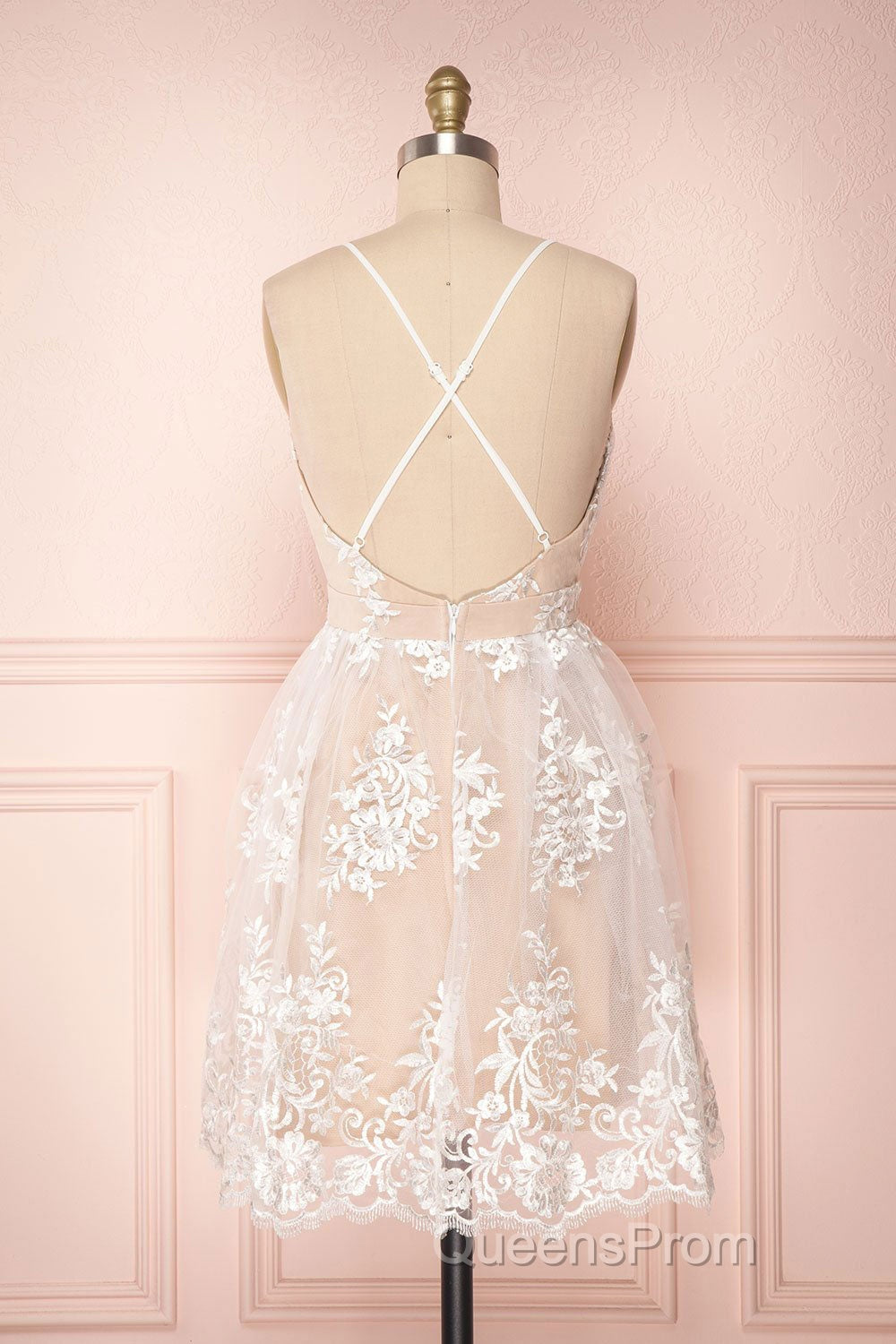 Champagne v neck tulle lace short Evening Prom Dress champagne tulle bridesmaid Dress Secondary image