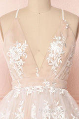 Champagne v neck tulle lace short Evening Prom Dress champagne tulle bridesmaid Dress