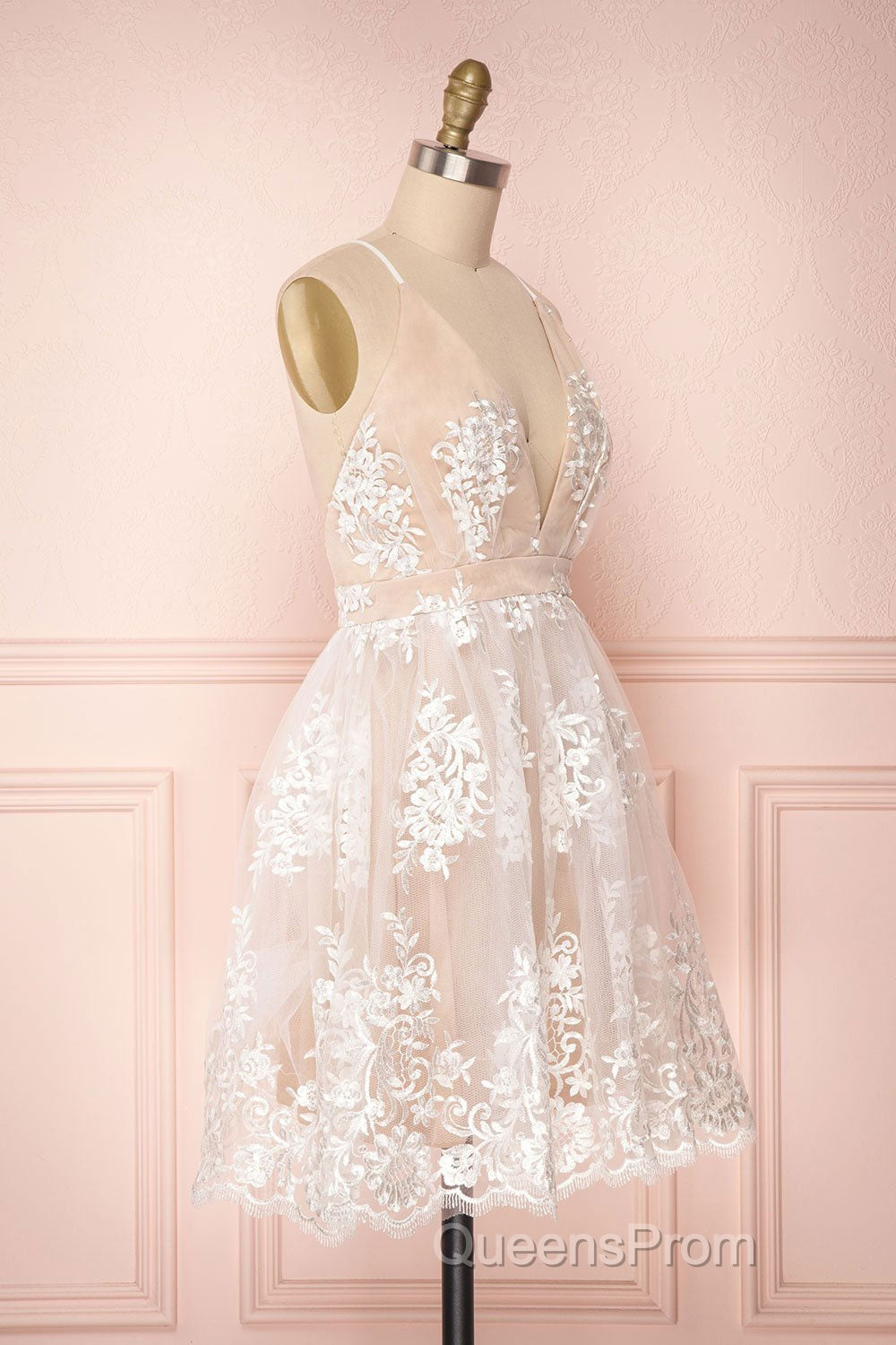 Champagne v neck tulle lace short Evening Prom Dress champagne tulle bridesmaid Dress