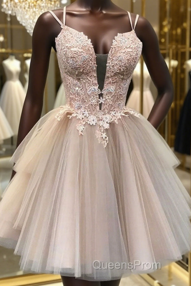 Champagne v neck tulle lace short Evening Prom Dress lace homecoming Dress Main image