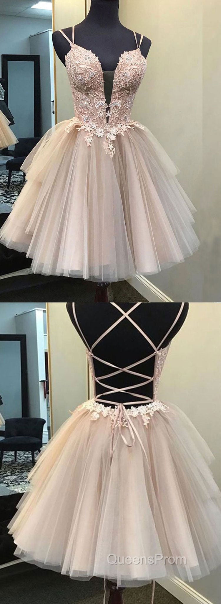 Champagne v neck tulle lace short Evening Prom Dress lace homecoming Dress Secondary image