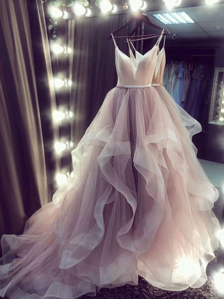 Champagne V Neck Tulle Long Classy Prom Dress Champagne Prom Dress Main image