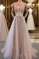 Champagne v neck tulle long Evening Prom Dress, champagne evening Dress