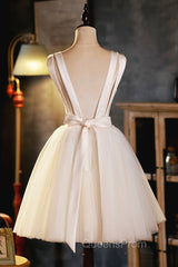 Champagne V-Neck Tulle Short Evening Prom Dress, Champagne Homecoming Dress