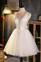 Champagne V-Neck Tulle Short Evening Prom Dress, Champagne Homecoming Dress
