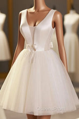 Champagne V-Neck Tulle Short Evening Prom Dress, Champagne Homecoming Dress