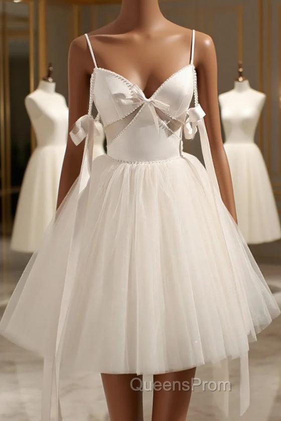 Champagne V-Neck Tulle Short Evening Prom Dress, Spaghetti Straps Party Dress with Bow Main image