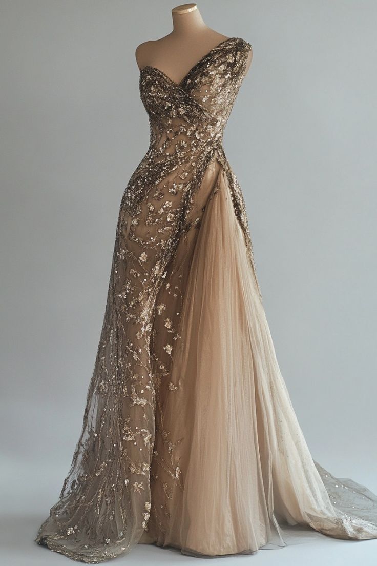 Champagne Vintage A-Line One-Shoulder Sequined Tulle Long Classy Prom Dress