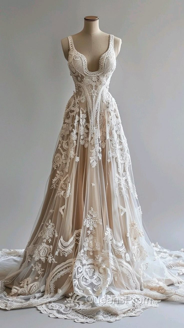 Champagne Vintage A-Line Spaghetti Strap Lace Tulle Long Evening Prom Dress Wedding Dress Secondary image