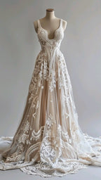 Champagne Vintage A-Line Spaghetti Strap Lace Tulle Long Evening Prom Dress Wedding Dress