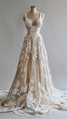 Champagne Vintage A-Line Spaghetti Strap Lace Tulle Long Evening Prom Dress Wedding Dress