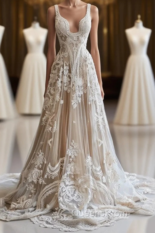 Champagne Vintage A-Line Spaghetti Strap Lace Tulle Long Evening Prom Dress Wedding Dress Main image