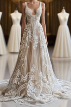 Champagne Vintage A-Line Spaghetti Strap Lace Tulle Long Evening Prom Dress Wedding Dress