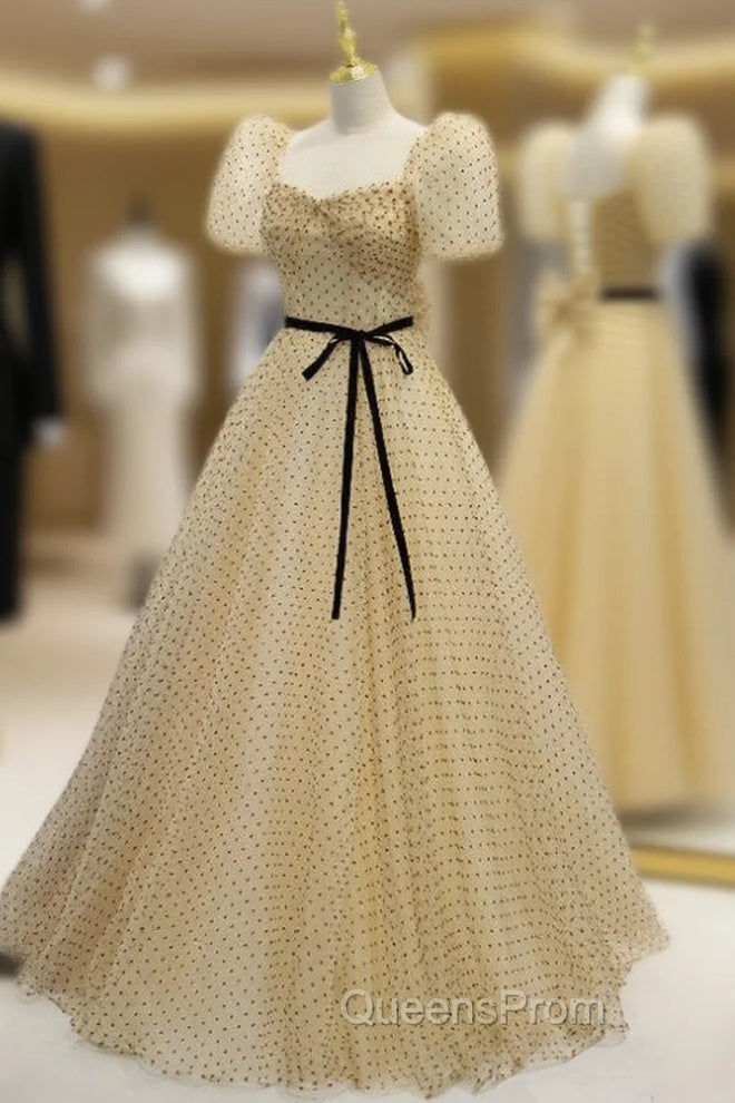 Champagne Wave Point Puff Sleeve Evening Prom Dress
